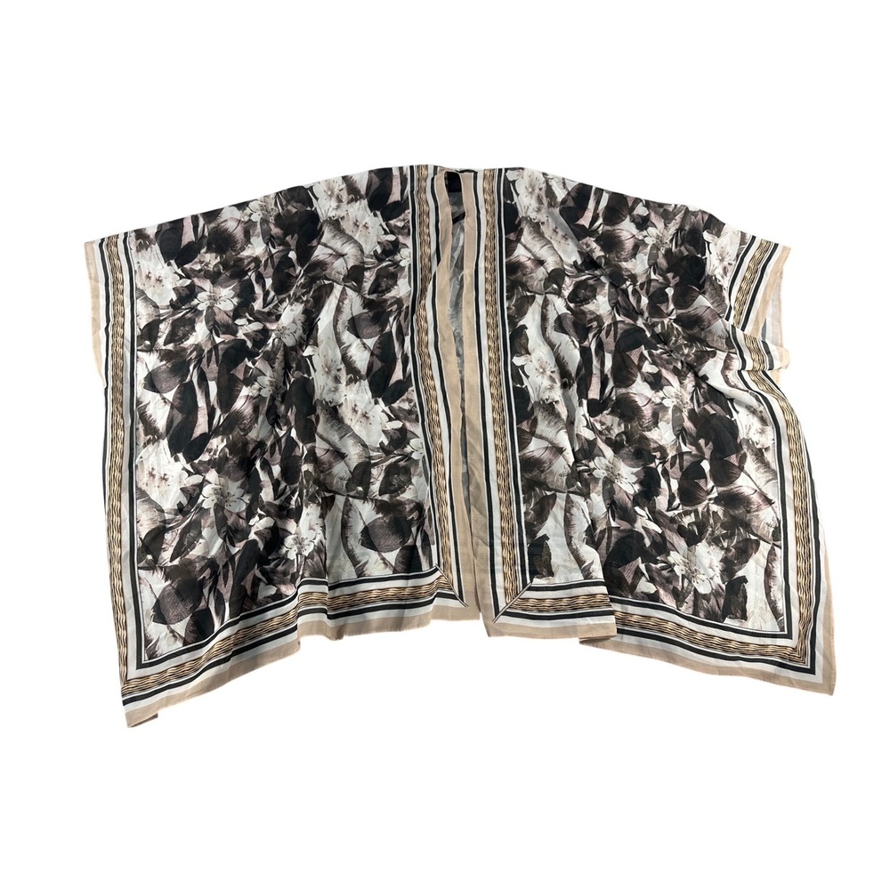 Steve Madden Floral Kimono Wrap Black Tan White OSFM Open Front Cover Up